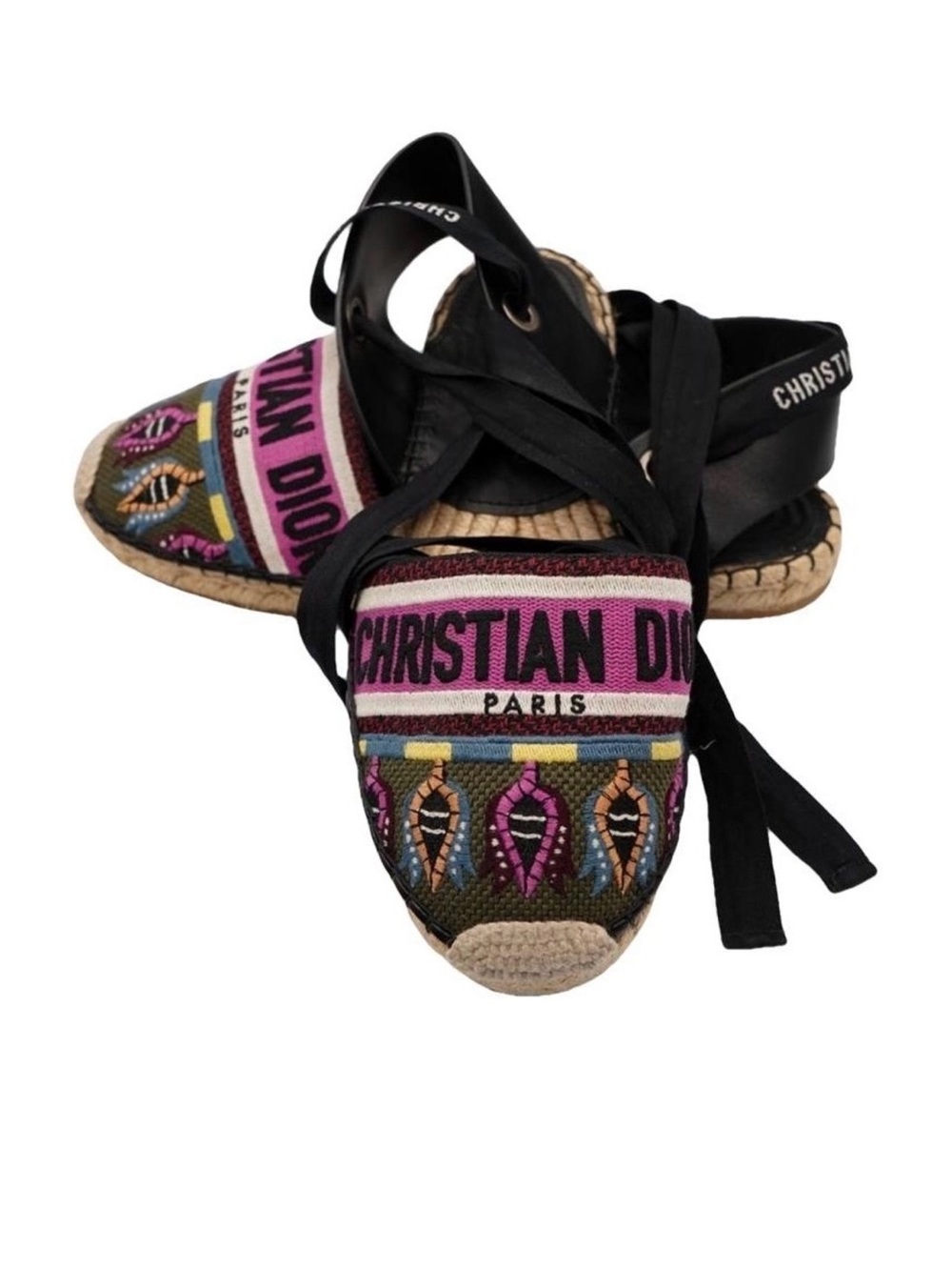 Dior Pink Multicolor Embroidered Espadrille Flats with Black Ankle Wraps